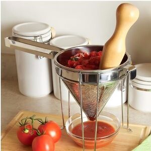 3-piece Chinois set - stainless steel strainer, stand, and wooden pestle, NWT